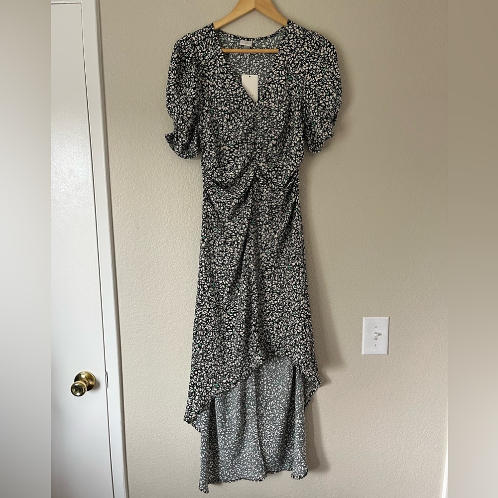 NWT A New Day Crepe High Low Ruched Green Black Tan Floral Women’s Small